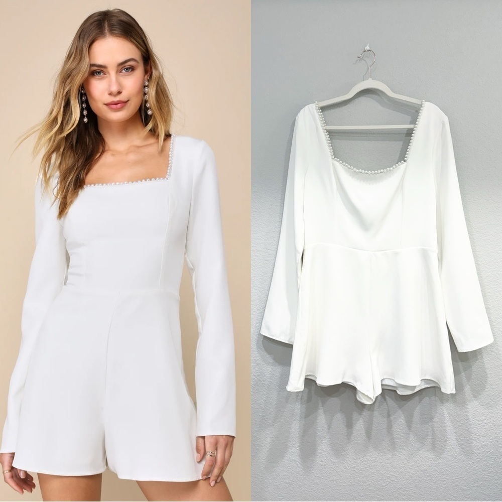 NWOT Lulus Luminous Aesthetic White Pearl Bow Long Sleeve Romper